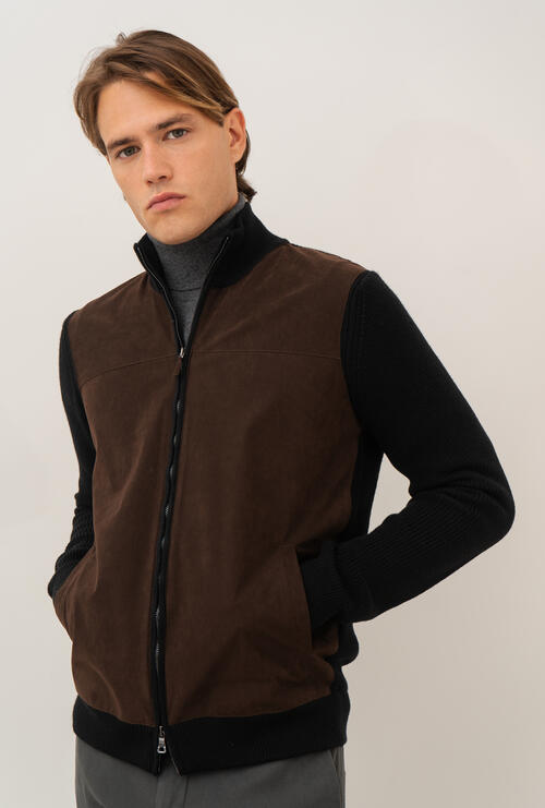Giacca full zip in pura lana con alcantara Nero