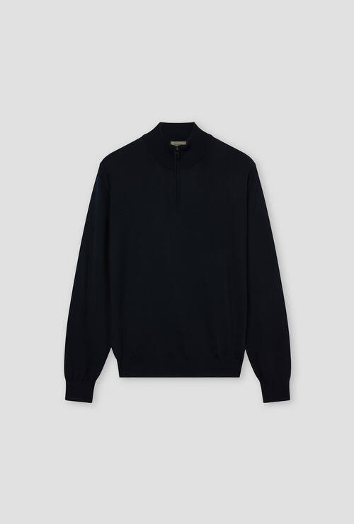 Serafino zip in pura lana pettinata Blu Navy