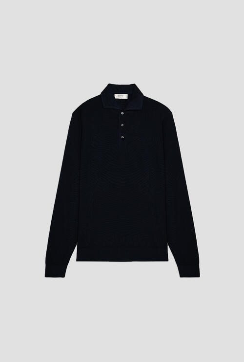 Tailored collar polo in wool and silk Navy Blue