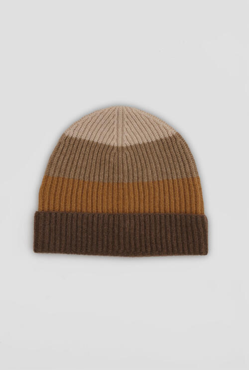 Cappello rigato in puro Cashmere Camel