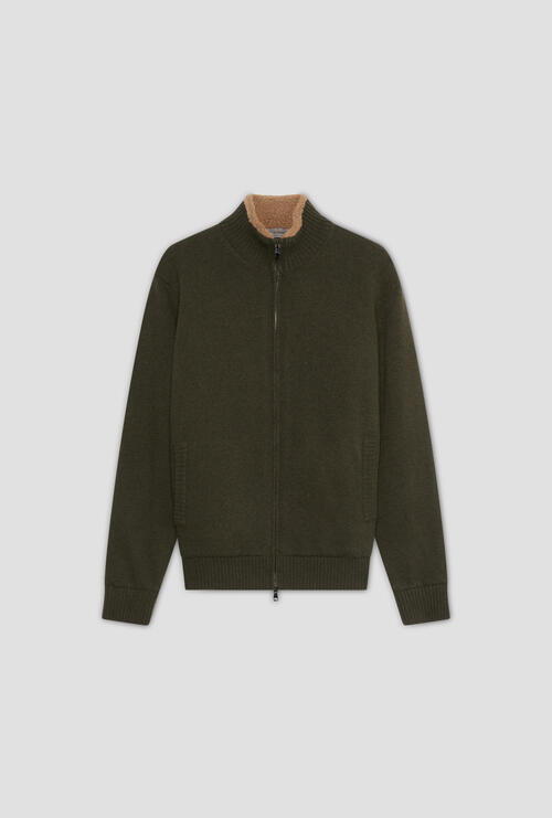 Knitted jacket with bouclè eco-fur Olive green