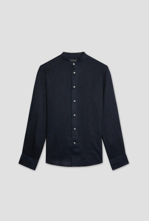 Camicia in lino con collo coreano Blu Navy
