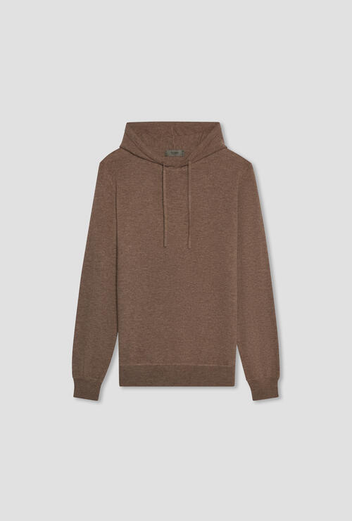 Felpa con cappuccio in lana cardata Tortora