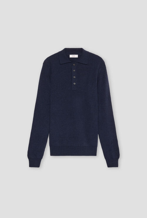 Polo a coste in lana e cashmere Blu Navy
