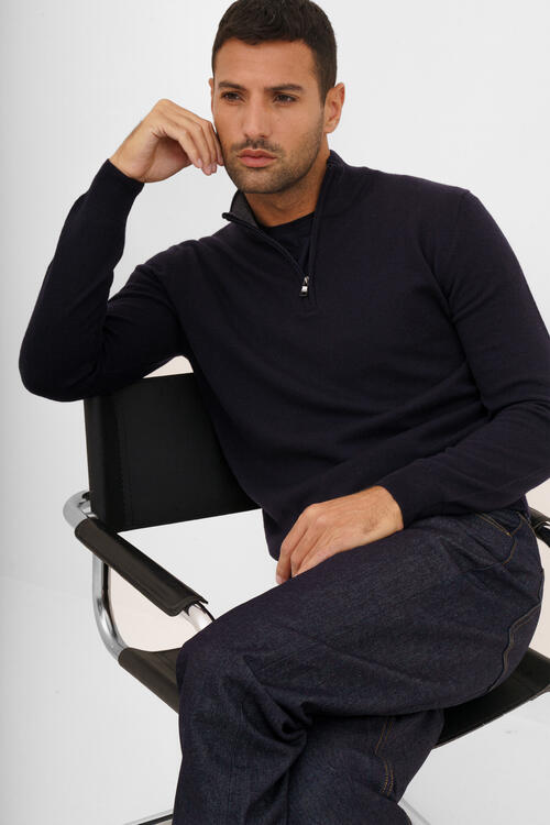 Serafino zip in lana cardata Blu Navy