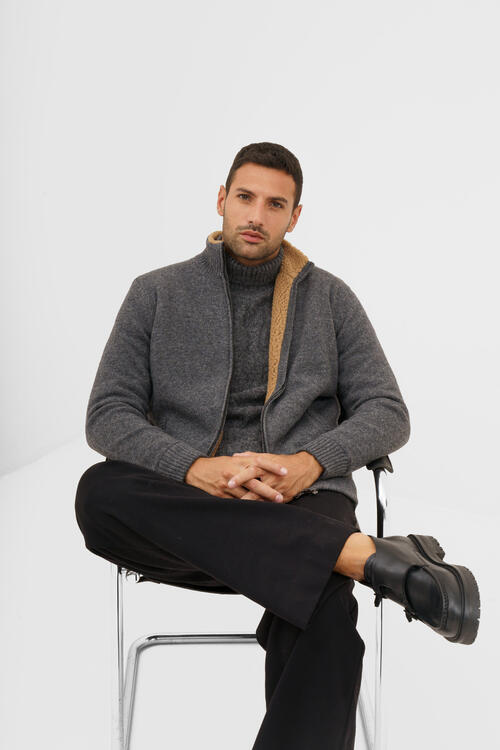 Knitted jacket with bouclè eco-fur Anthracite