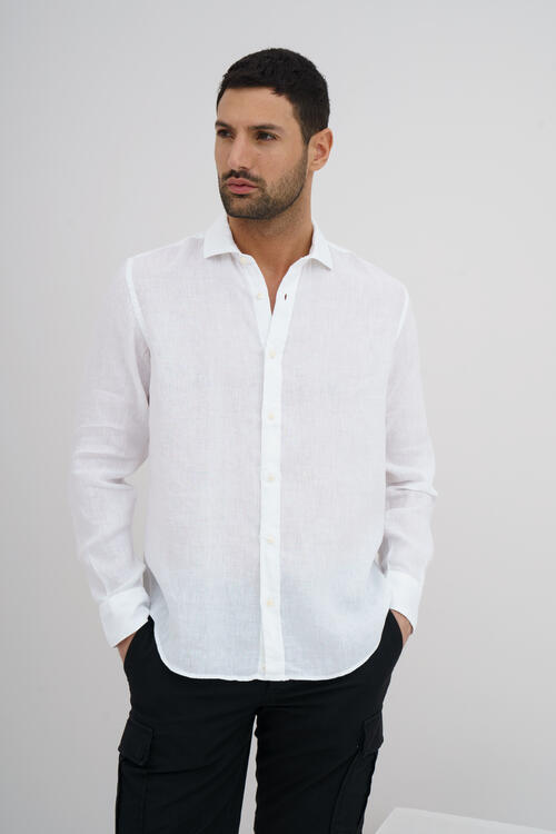 Camicia in lino con collo alla francese Bianco