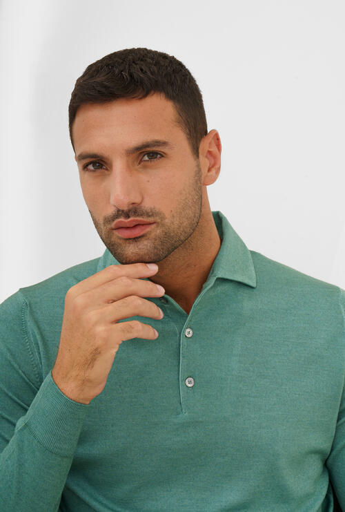 Polo con collo sartoriale in lana e seta Verde acqua
