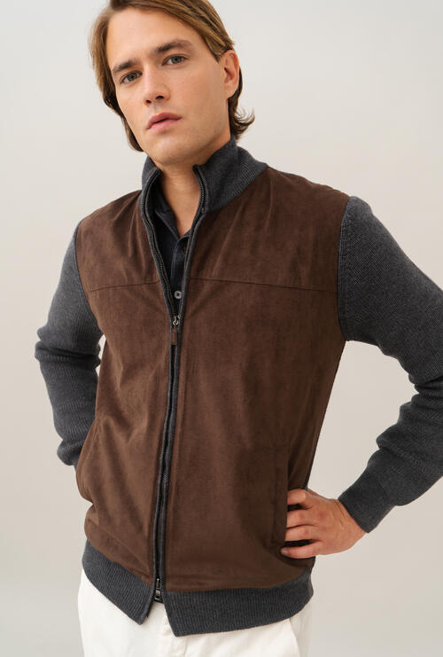 Giacca full zip in pura lana con alcantara Grigio Scuro