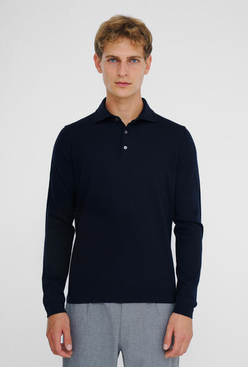 Polo with shirt collar in pure combed wool Navy Blue