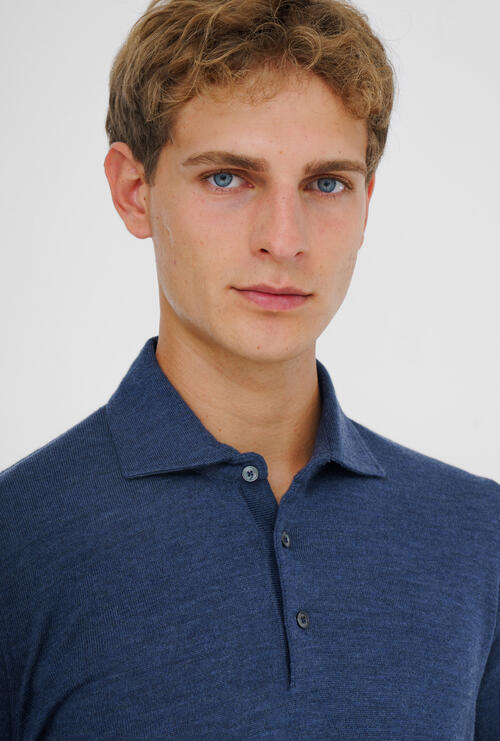 Polo with shirt collar in pure combed wool Blue jeans