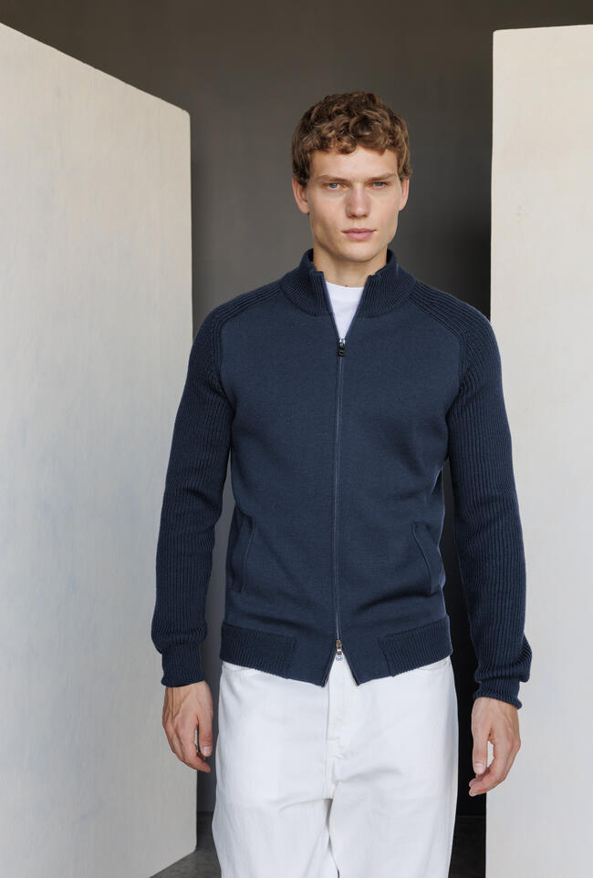 Full zip con maniche a coste in lana triploritorto MAIN - Ferrante | img vers.1300x/